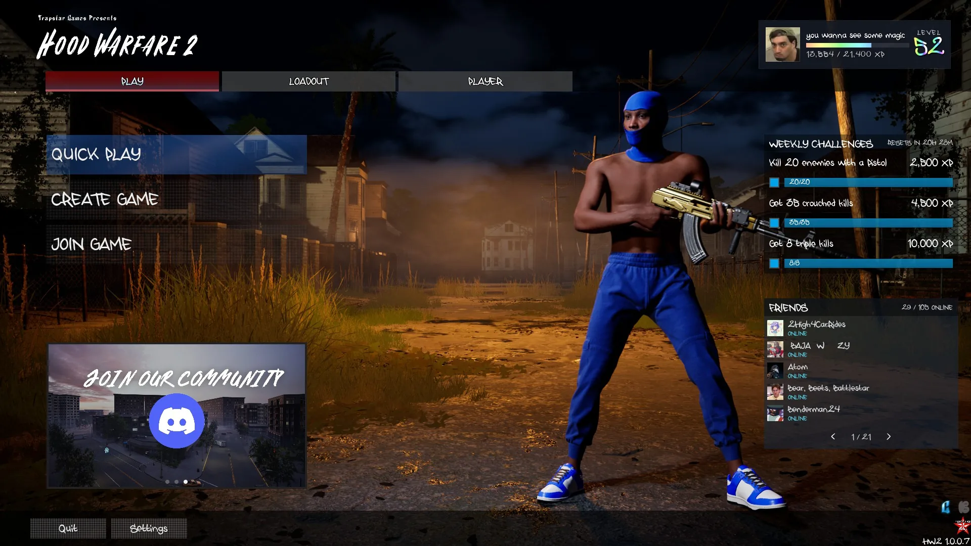 LOADOUT tab above the Hood Warfare 2 PLAY menu