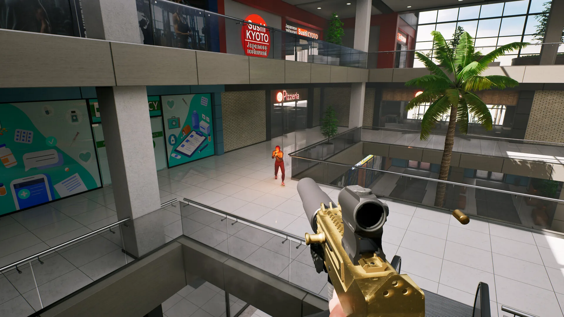 First-person rifle view facing a red-clad opponent across an indoor walkway