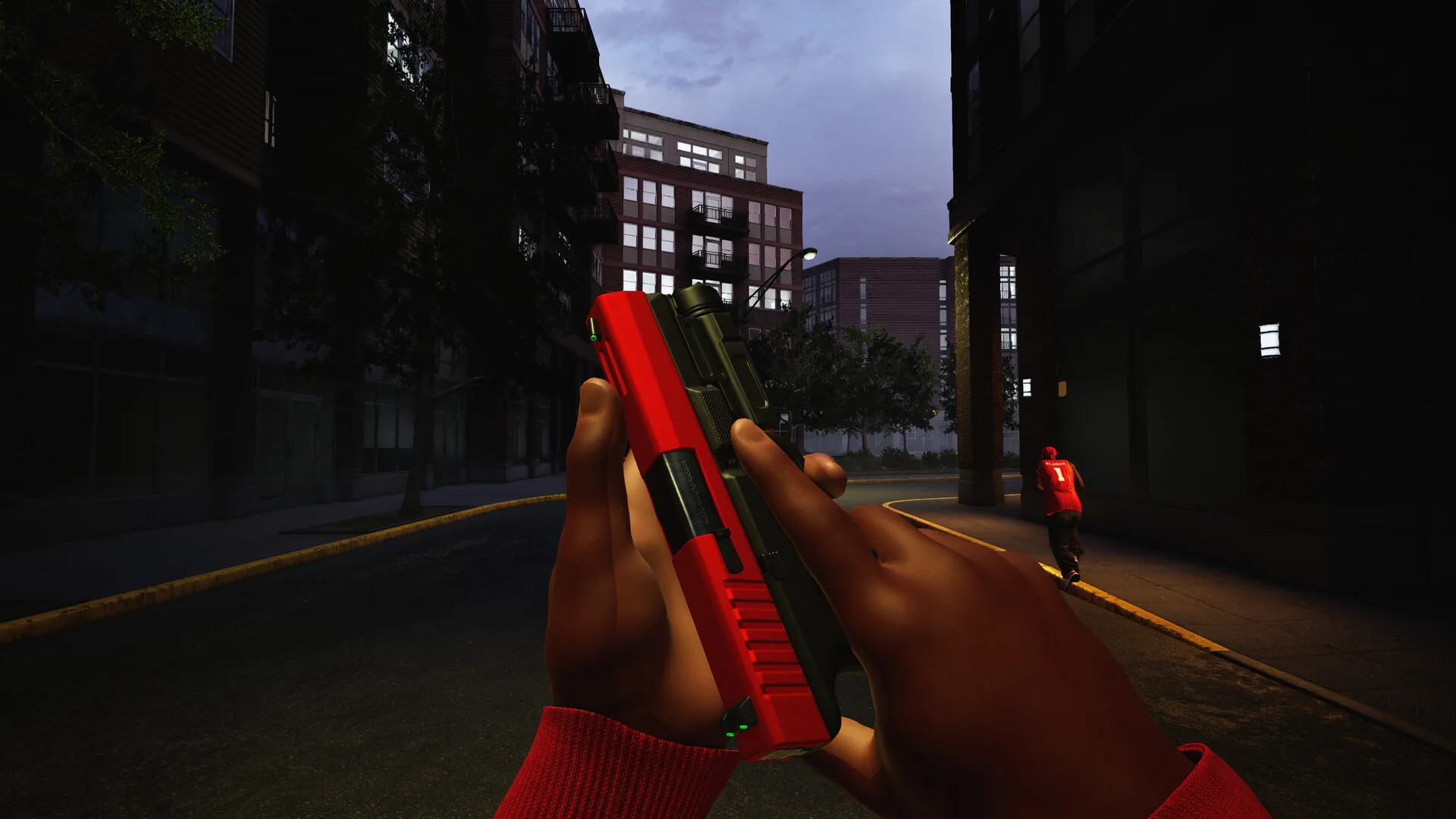 First-person view of a red handgun with an optic on an urban street