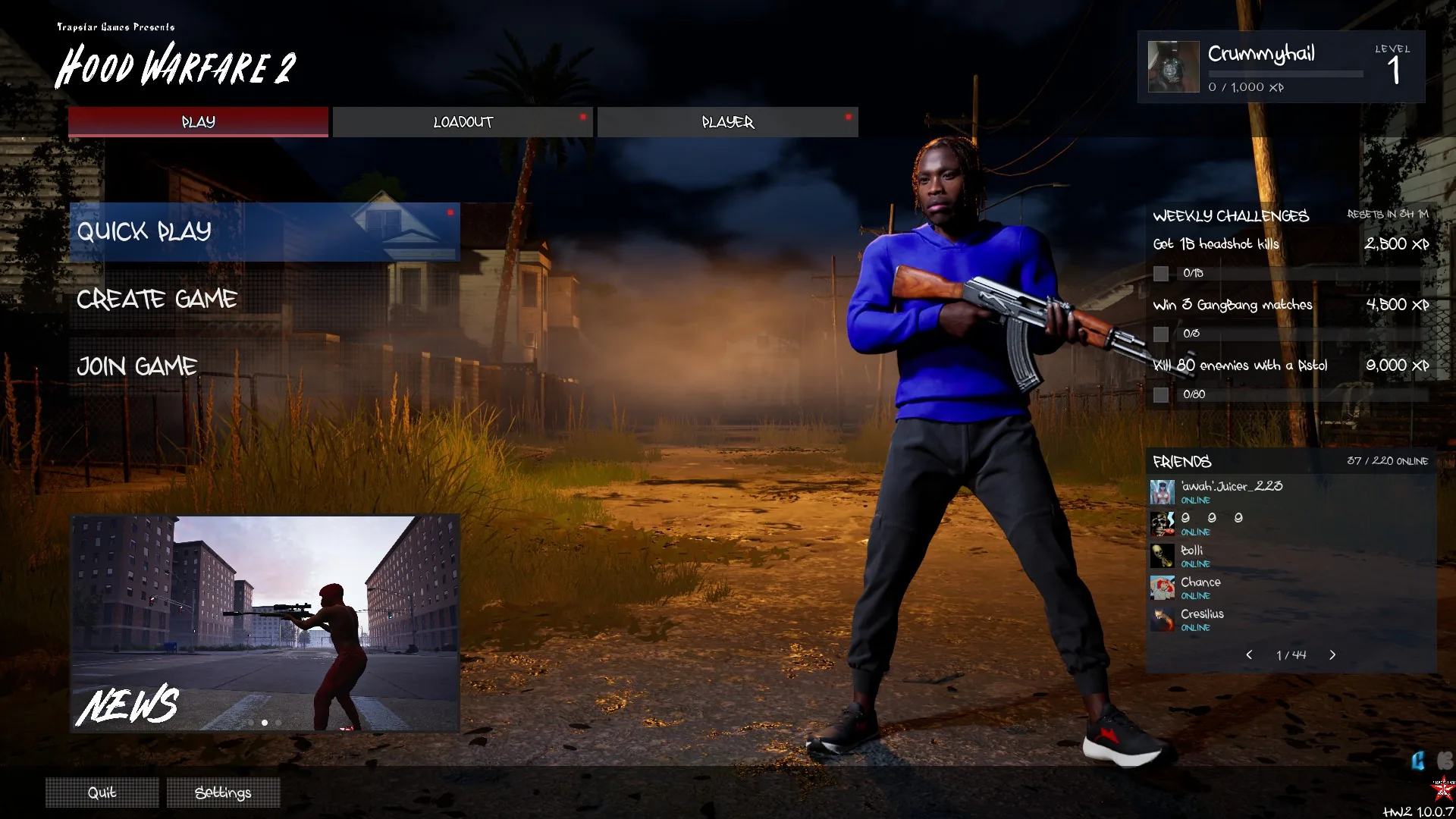 Hood Warfare 2 PLAY menu with a NEWS tile in the lower left