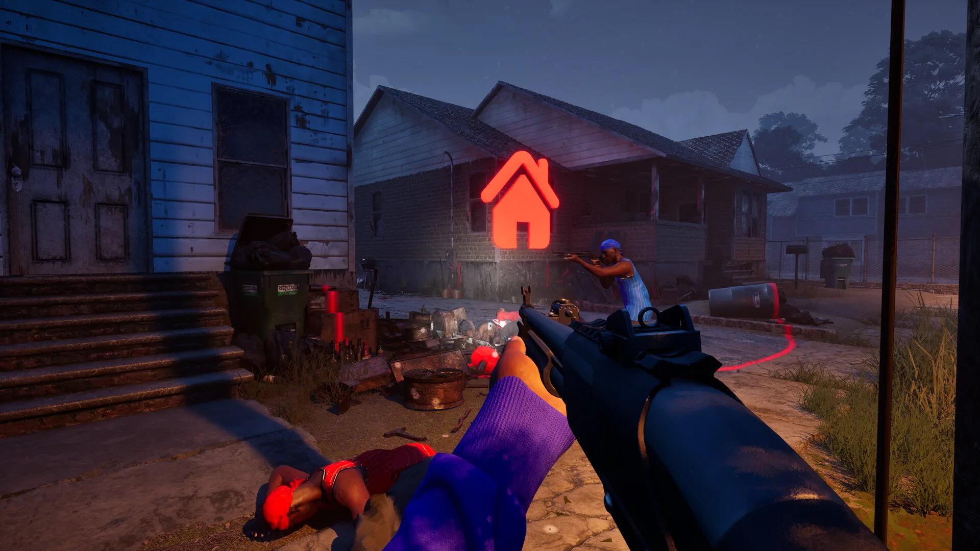 Red house-shaped objective marker and red ground ring beside residential buildings