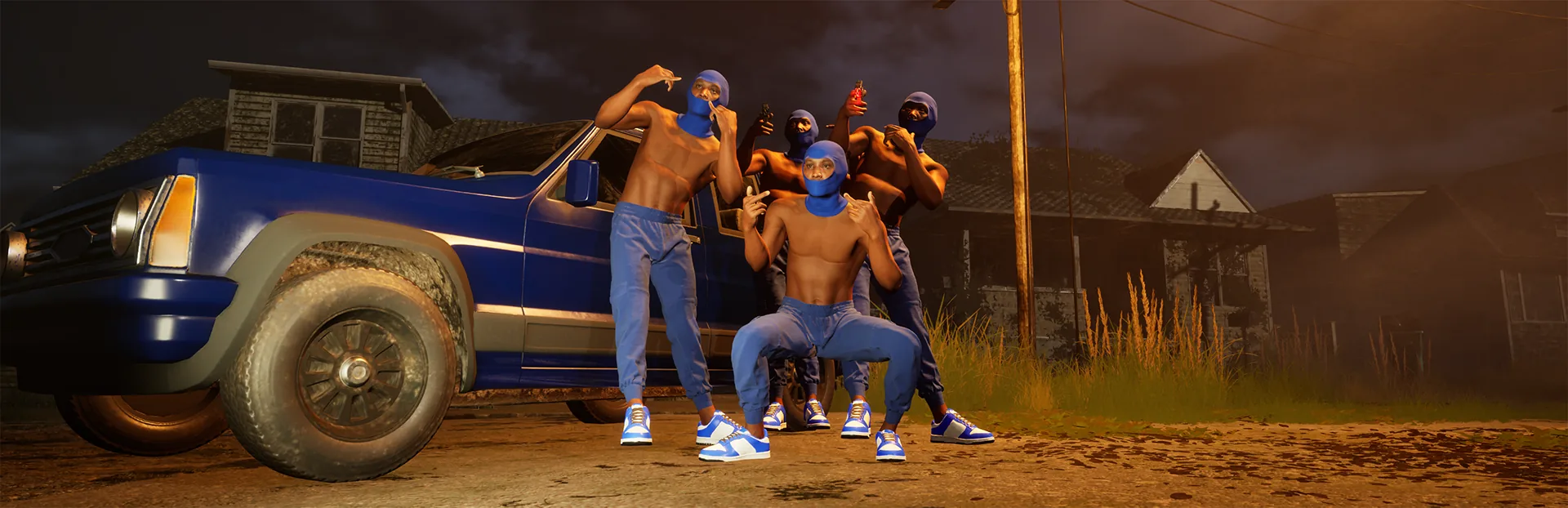 Official Hood Warfare 2 launch artwork showing four blue-masked characters beside a blue pickup at night