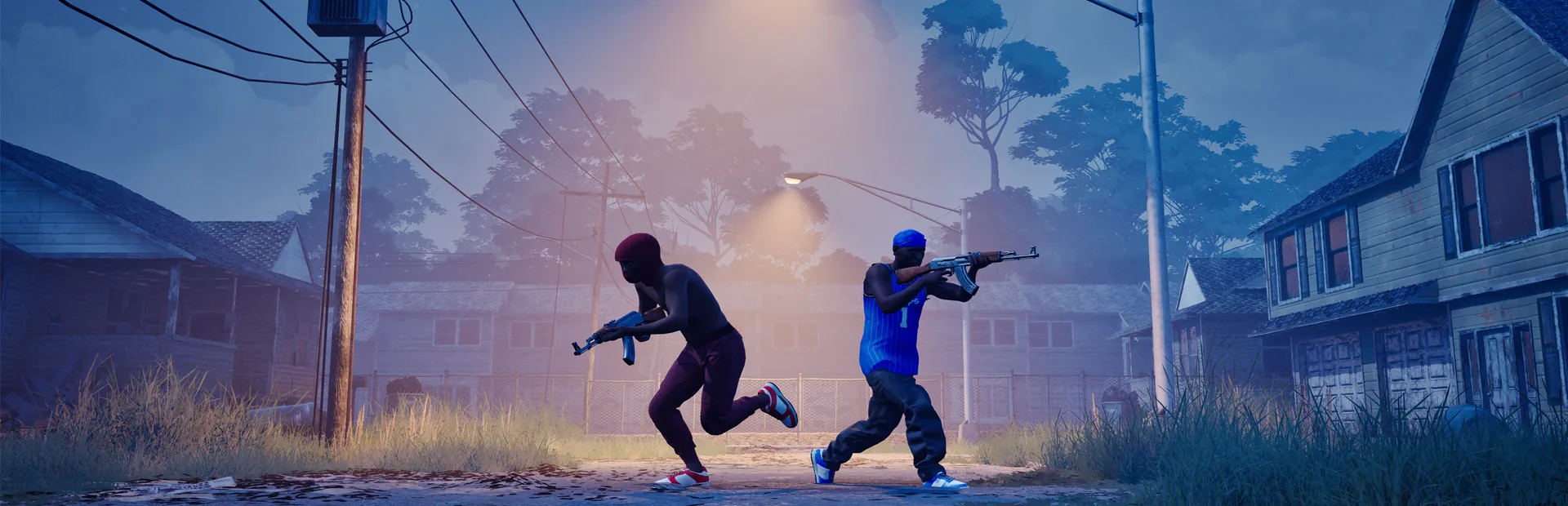 Official Hood Warfare 2 key art showing two armed rival gang characters on a residential street